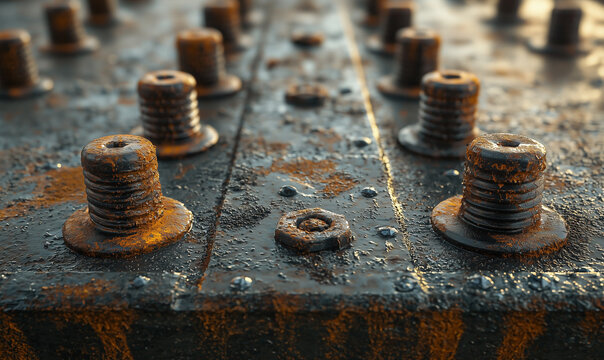 An industrial scatter plot with data points represented as rusty bolts and rivets on a metal background.