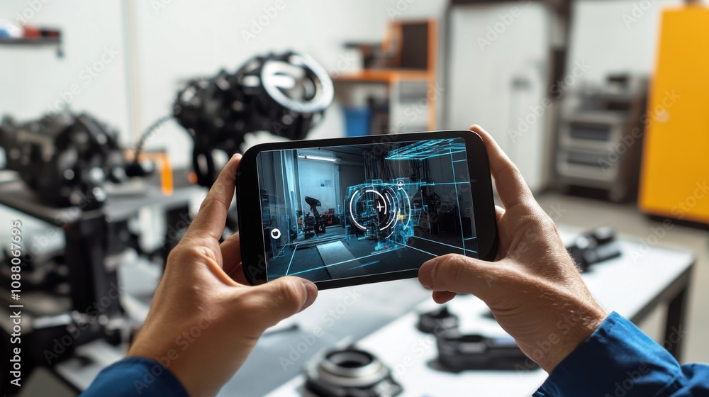 Poster a cutting-edge ai-powered augmented reality (ar) repair assistant, modern workshop setting with ar t