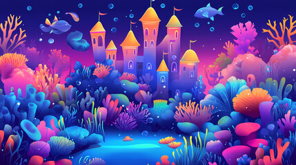 Fototapeta premium A colorful underwater kingdom filled with coral castles and magical sea creatures swimming among the vibrant reefs. Underwater Coral Kingdom. Illustration