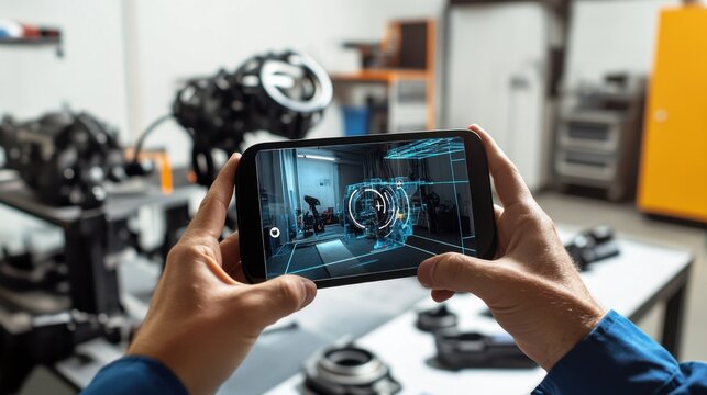 A cutting-edge AI-powered augmented reality (AR) repair assistant, modern workshop setting with AR tools for detailed repair guidance and real-time support, Repair style