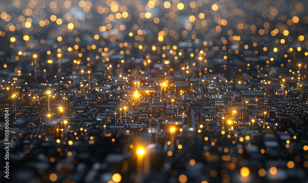 Poster a close-up view of a shimmering cityscape at night, filled with glowing lights that create a vibrant