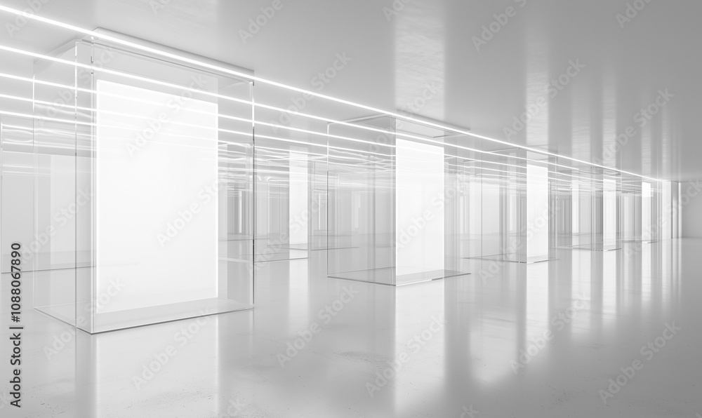 Poster a modern, minimalist space featuring transparent structures and reflective surfaces, creating an eth