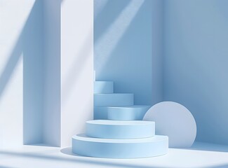 Obraz premium A minimalist blue interior featuring curved stairs and geometric shapes.