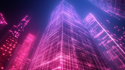 Obraz premium Futuristic city skyline at night, glowing skyscrapers, digital lines.