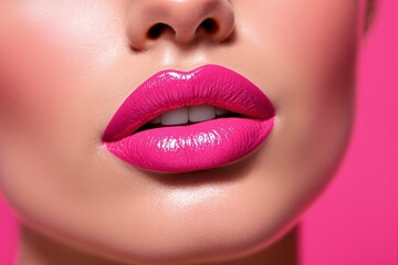 Fototapeta premium Close-Up of Glossy Pink Lips Against a Vibrant Pink Background