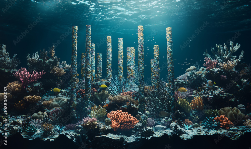 Poster a vibrant underwater scene featuring colorful corals and vertical structures, illuminated by gentle 