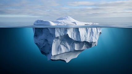 Obraz premium Enormous Iceberg Floating in Open Ocean with Deep Underwater Portion, Representing Hidden Depths and the Concept of ‘What Lies Beneath’
