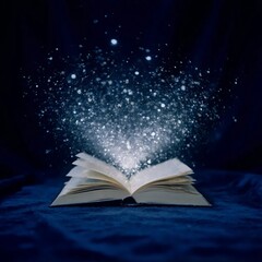 An open book with many glowing stars emanating from it