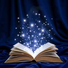 An open book with many glowing stars emanating from it