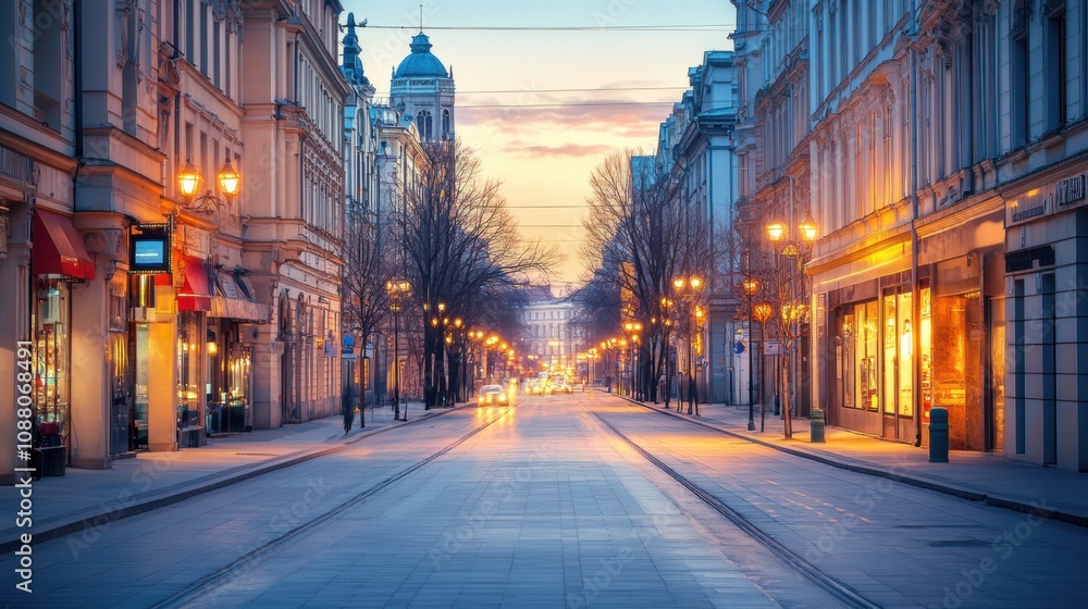Aufkleber a quiet evening street glows with blurred lights from cars and warm shop windows, creating a serene 