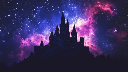 Fototapeta premium Silhouette of a castle against a starry night sky.