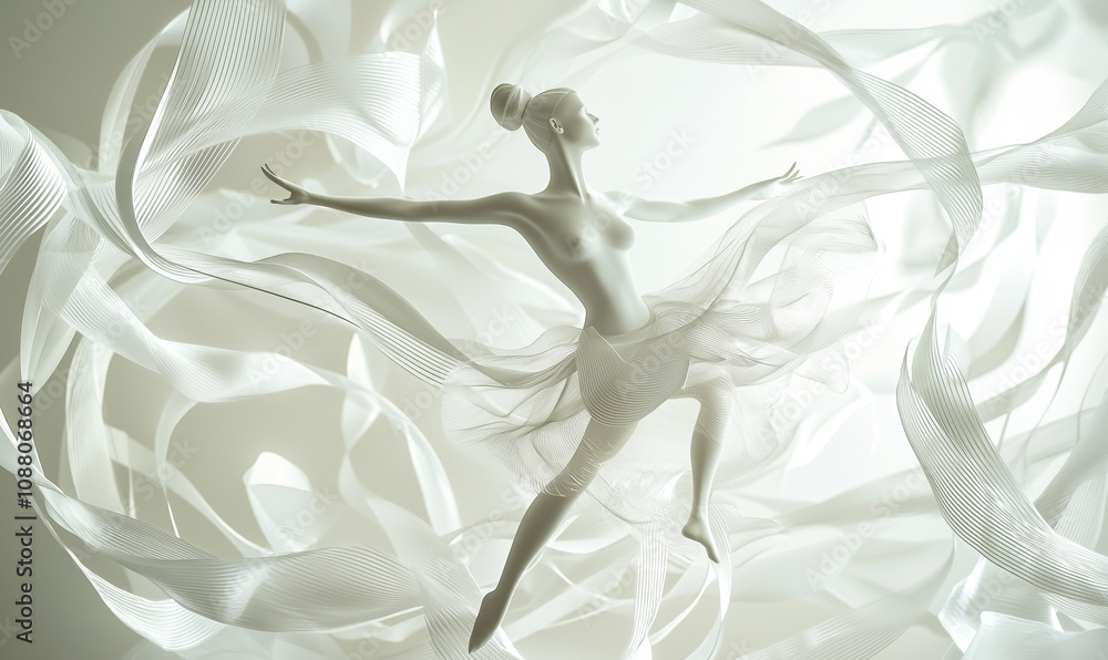 Poster abstract background of dancer surrounded by flowing lines and ribbons that trace their movement, for