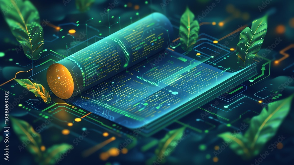 Poster futuristic open book with glowing code pages, surrounded by leaves and circuit board.