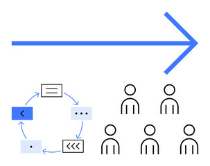 Large blue arrow six figures, process cycle with six stages in blue. Ideal for teamwork, efficiency, project management, direction, workflow, organization, leadership. Line metaphor