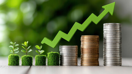 Growing plants next to stacks of coins symbolize financial growth and sustainability. upward trend in graph represents increasing investments and eco friendly practices