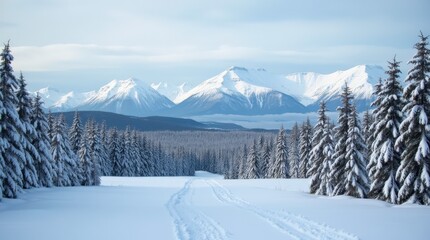 Obraz premium Snow-covered Chugach Foothills Park in Anchorage Showcases Winter Beauty and Mountain Views. Generative AI