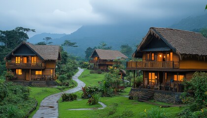 Fototapeta premium Tropical wooden cabins with lit windows. Perfect for illustrating a secluded vacation getaway.