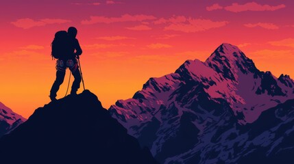 Fototapeta premium Silhouette of a hiker standing on a mountain peak at sunset with a view of snow-capped peaks.