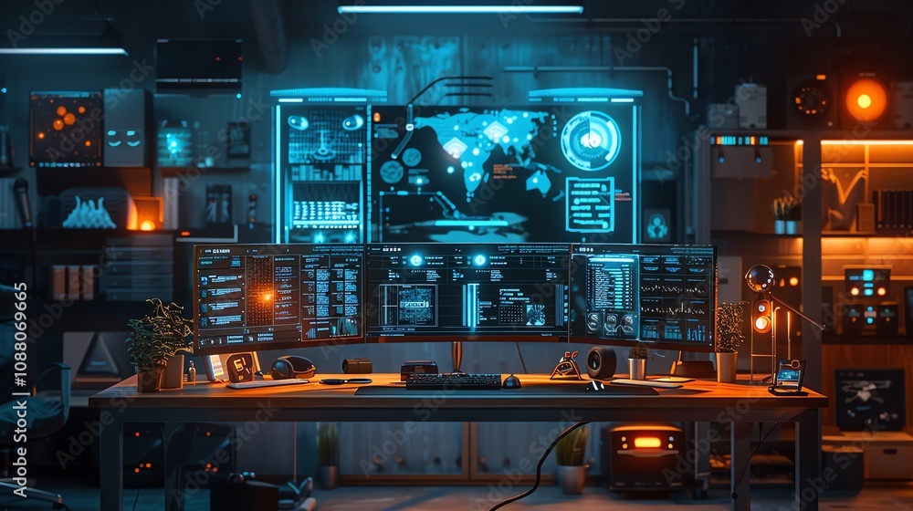 Poster futuristic tech control room with multiple monitors displaying data, maps, and graphs.