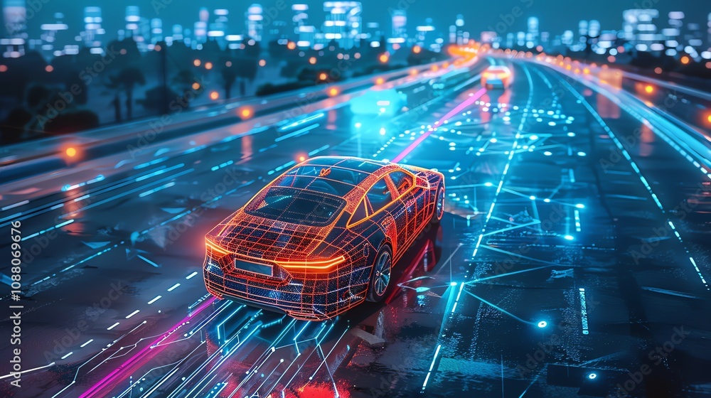 Poster futuristic self-driving car on a smart highway at night, illuminated with digital data streams.