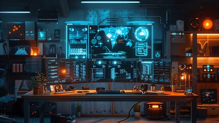 Futuristic tech control room with multiple monitors displaying data, maps, and graphs.