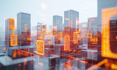 A futuristic cityscape with glowing orange structures amidst towering skyscrapers, suggesting advanced technology and innovation.