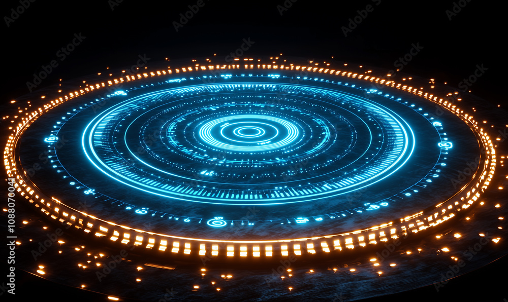 Aufkleber a futuristic circular design featuring glowing blue and orange lights, creating an intricate pattern