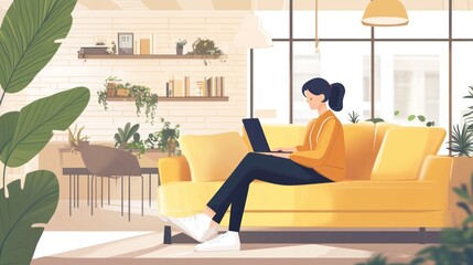 Fototapeta premium Woman Working on Laptop in Cozy Living Room