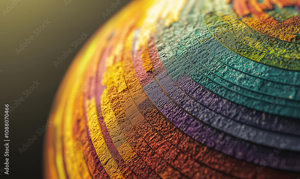 Poster a vibrant, textured globe sphere featuring layered colors, showcasing artistic patterns and intricat