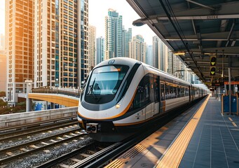 Naklejka premium A modern train approaches a city station surrounded by high-rise buildings.
