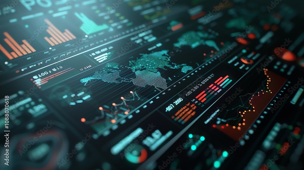 Poster global data visualization on a digital screen showing various charts, graphs, and a world map.