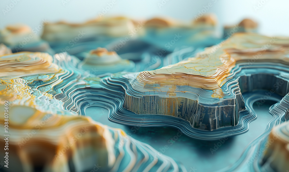 Poster a vibrant topographic model showcasing layered terrain, blending colors and contours to illustrate g