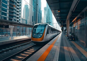 Naklejka premium A modern train arriving at a sleek urban station surrounded by skyscrapers.