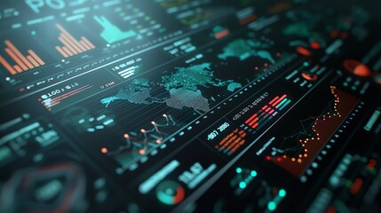 Global data visualization on a digital screen showing various charts, graphs, and a world map.
