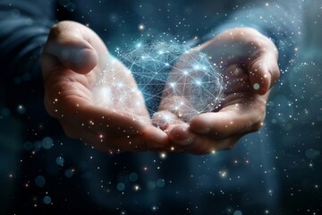 Fototapeta premium Male Hands Cupping Glowing Network Of Lines And Points, Representing AI And Advanced Technology.