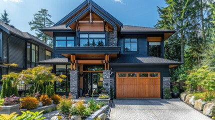 Fototapeta premium Modern luxury home exterior with landscaped garden, driveway, and garage.