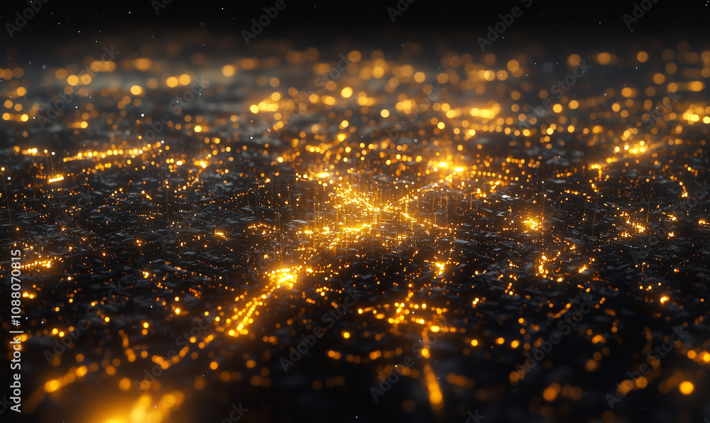 Poster a shimmering aerial view of a cityscape at night, illuminated by countless golden lights, creating a