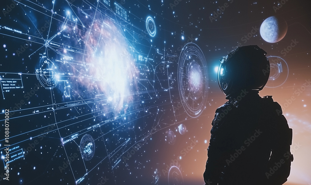 Poster a figure in a spacesuit gazes at a vibrant, cosmic scene filled with galaxies and data visualization