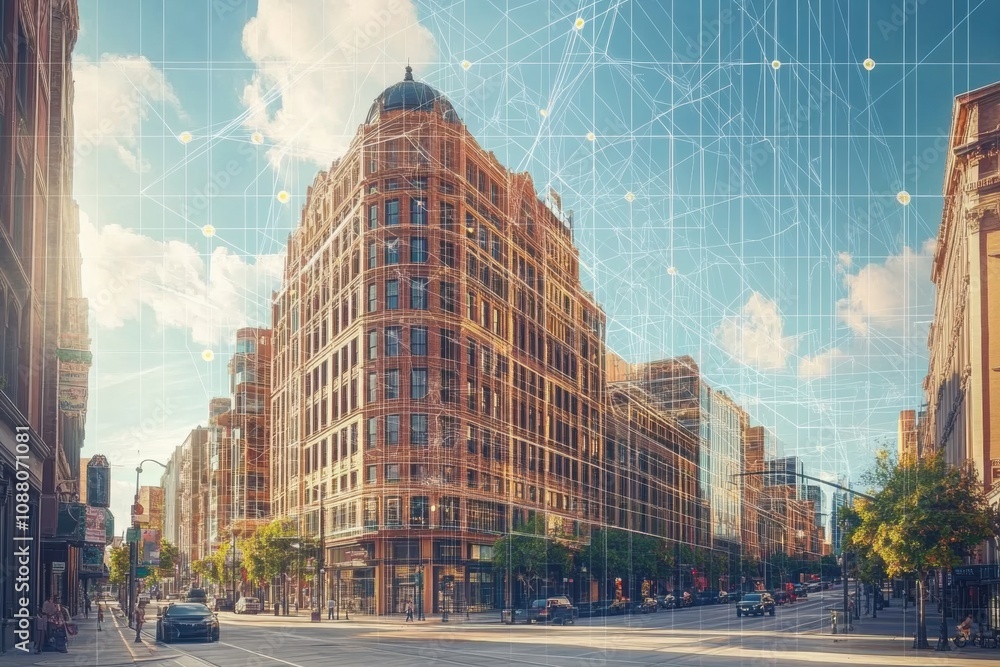 Fototapete Modern architecture shines as buildings are linked through an innovative AI network, showcasing a smart city environment. Generative AI