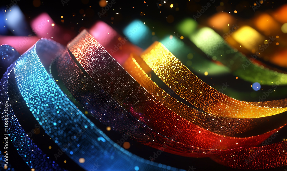 Poster a vibrant, shimmering wave of colorful ribbons sparkles against a dark background, creating a mesmer