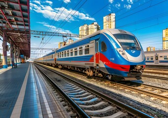 Fototapeta premium A modern train at a station with buildings in the background under a clear blue sky.