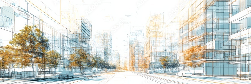 Poster this modern city features smart buildings linked by a sophisticated ai network, enhancing urban life