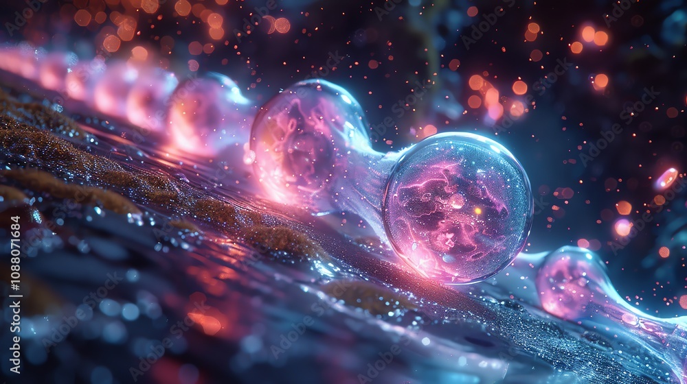 Poster glowing orbs linked, floating on a bioluminescent surface, amidst sparkling particles.