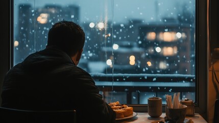 Fototapeta premium A man sitting in a diner, looking out the window at the rain falling in a dark city, creating a reflective and solitary atmosphere, with the contrast between the warm interior and the rainy, 