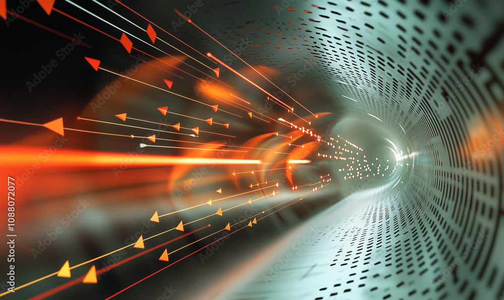 Poster a dynamic, futuristic tunnel with glowing lines and arrows, suggesting speed and movement through a 