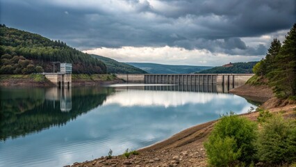 Obraz premium Tranquil lake forms behind the towering dam.