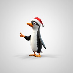 Fototapeta premium Adorable Cartoon Penguin in Santa Hat Pointing - Festive Winter Character