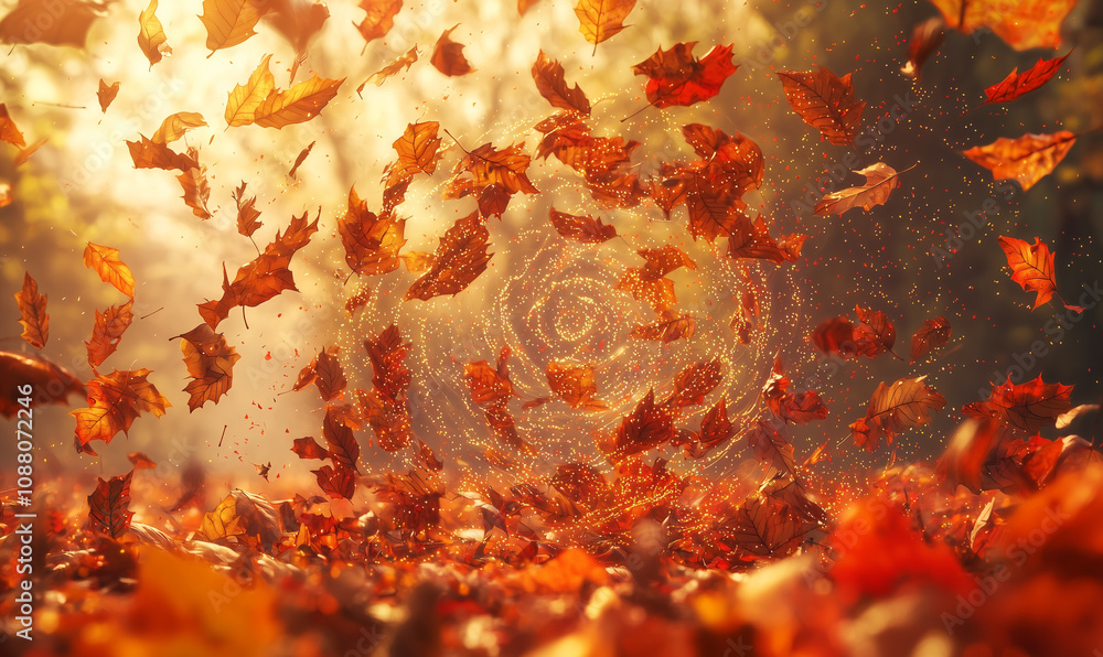 Poster a mesmerizing swirl of autumn leaves dances in the air, illuminated by warm light, creating a magica