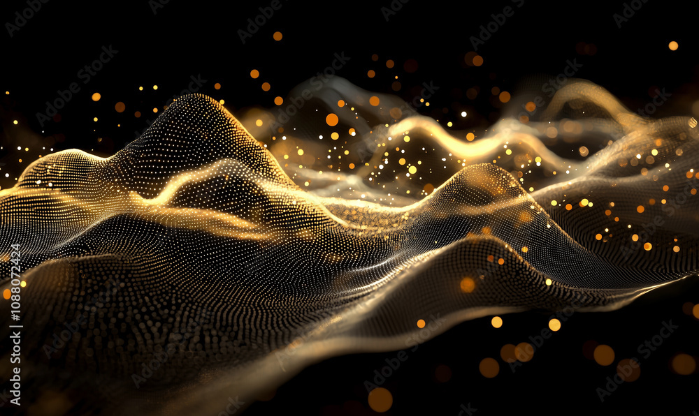 Aufkleber a mesmerizing digital landscape featuring flowing waves of golden particles against a dark backdrop,