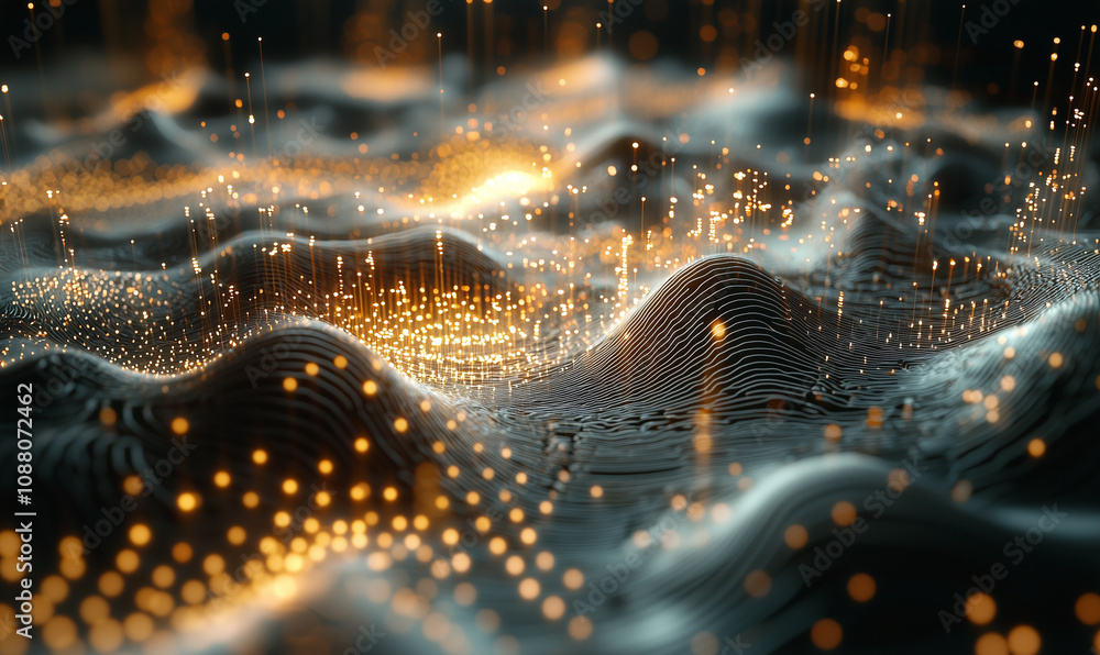 Poster a mesmerizing digital landscape featuring waves of light and particles, evoking a sense of depth and